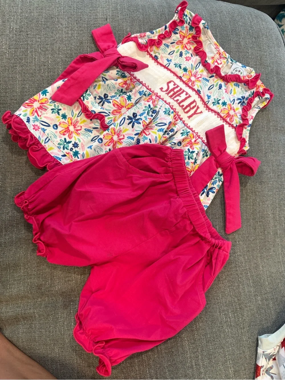 Girls Floral Ruffle Tank & Hot Pink Bloomers Set Smocked ‘Shelby’